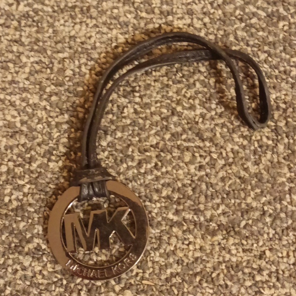 Michael Kors Purse luggage key tag charm pewter and black leather
